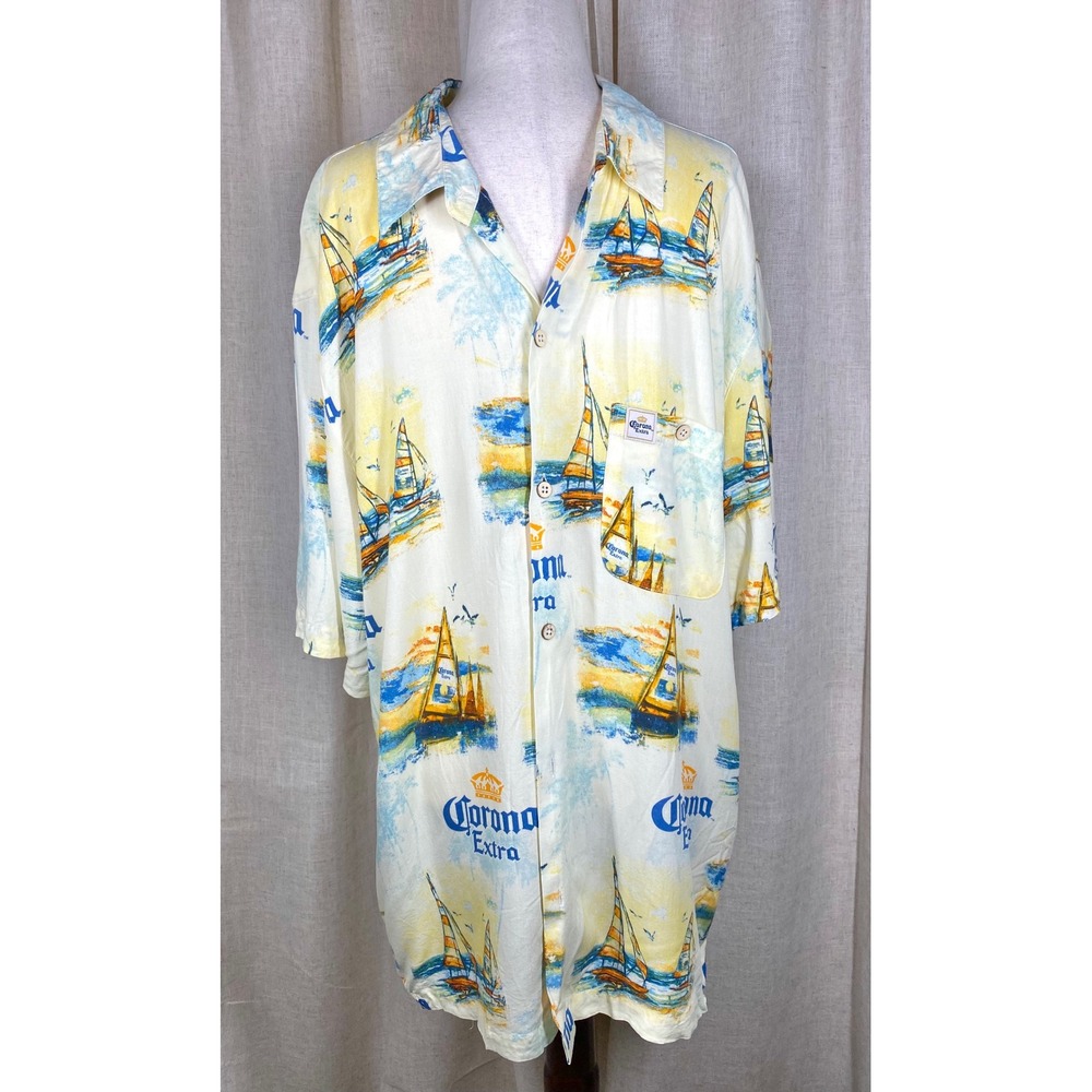 Vintage Joe Marlin Corona Extra Shirt XL Sailboat Hawaiian Camp Rayon